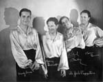 The Yale Puppeteers with assistant, dressed in shirts they labeled the "Hollywood influence." Shown are Beverly Brown, Harry Burnett, Richard Brandon and Forman Brown, who have signed the photograph