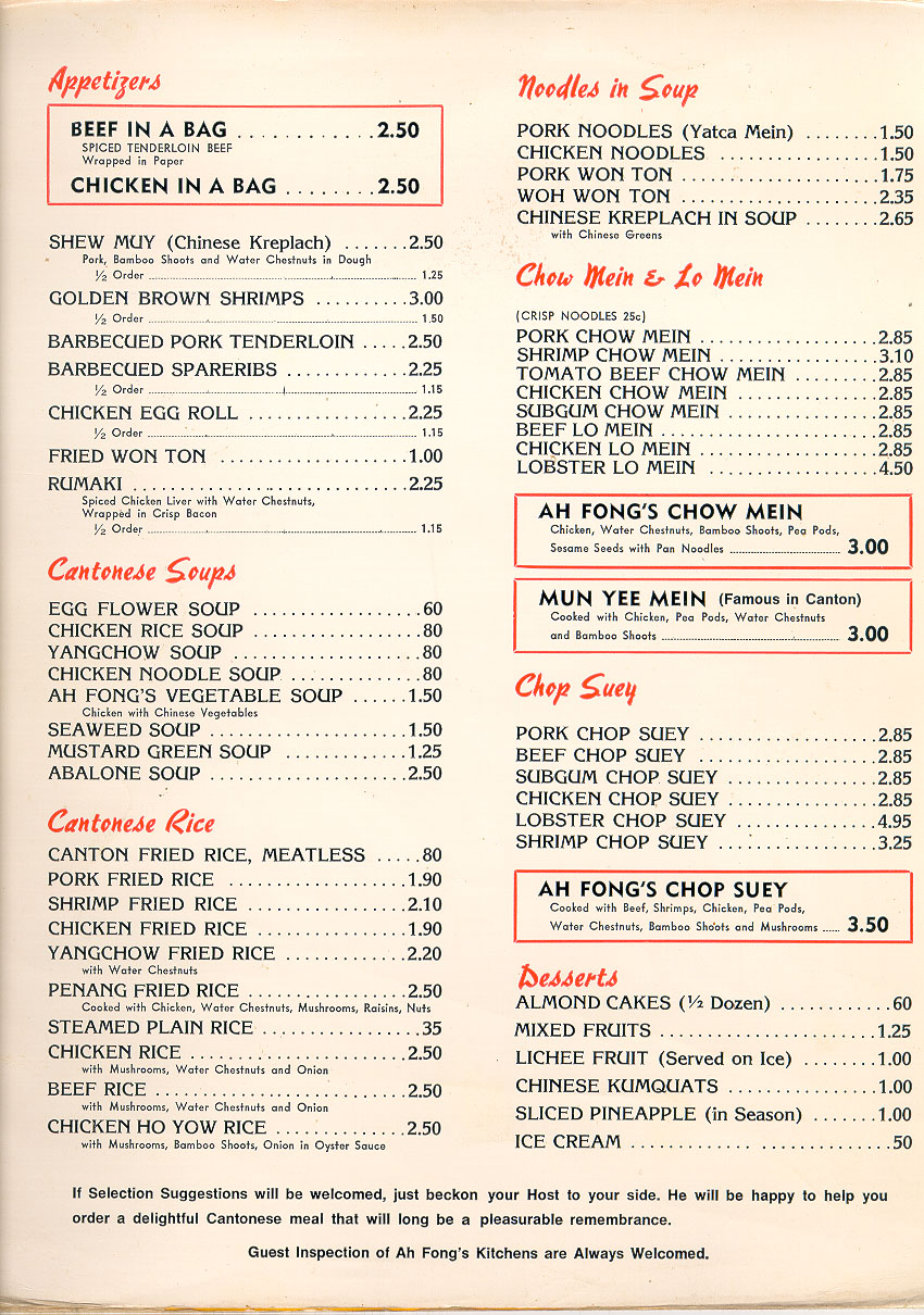 Ah Fong's menu, 1974, Beverly Hills, Hollywood. | Menus I Love ...